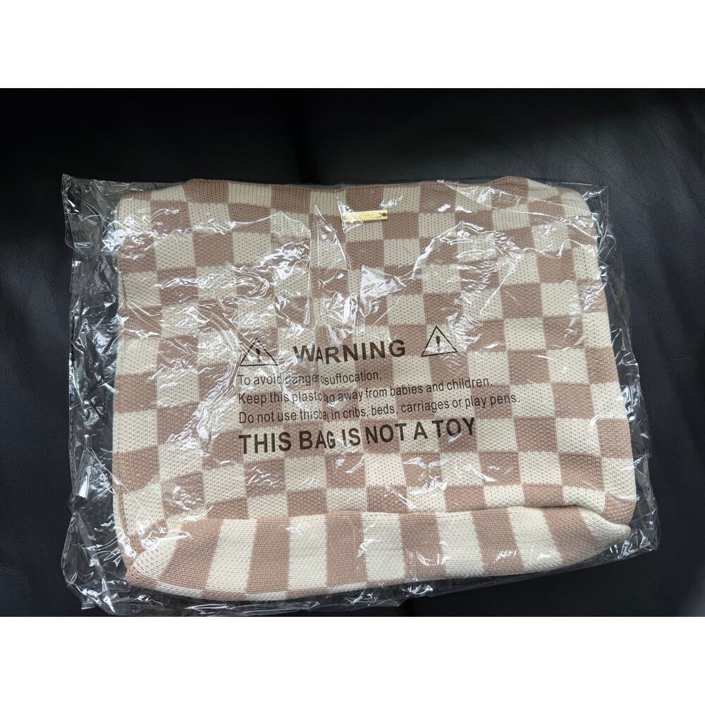 NWT Kopari Tan/Beige Checkered Tote Bag - Picture 3 of 4